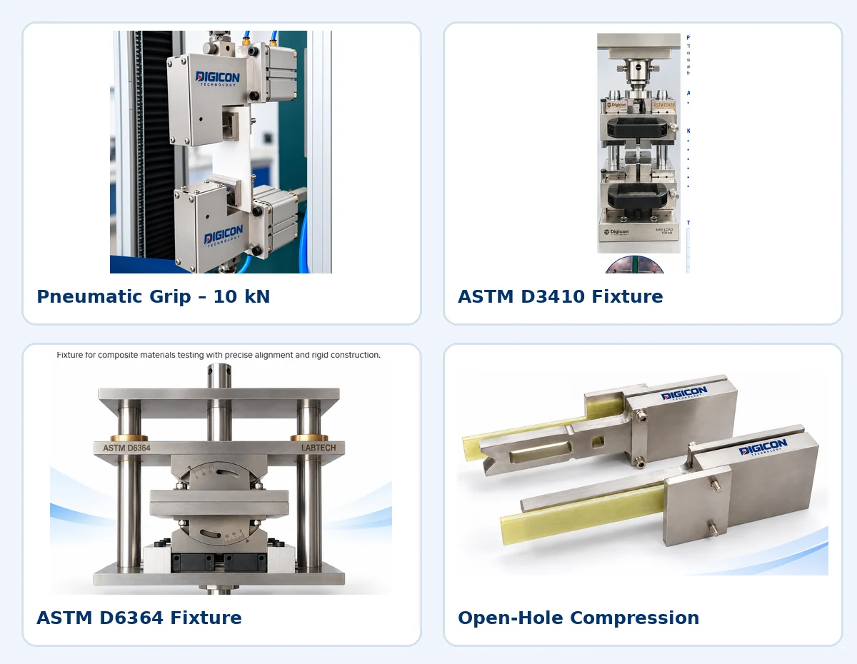 Four Digicon testing fixtures: pneumatic grip 10 kN, ASTM D3410 compression, ASTM D6364 and open-hole compression