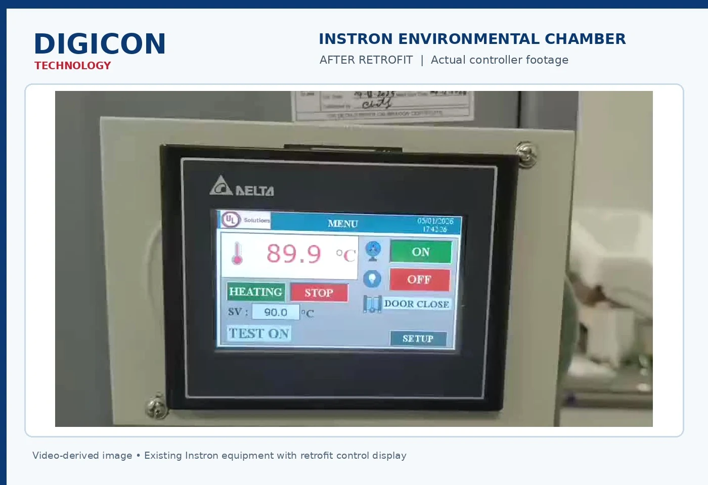 Instron environmental chamber after retrofit with Digicon-updated controller from supplied video still