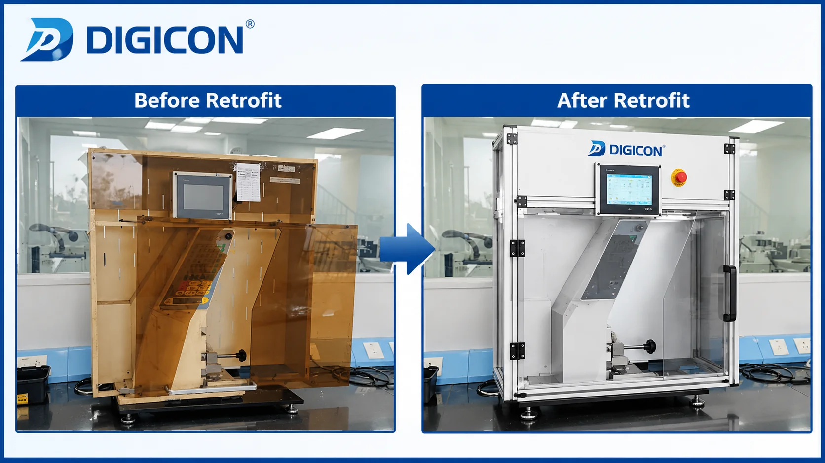 Pendulum impact testing machine retrofit before and after comparison for Digicon Technology